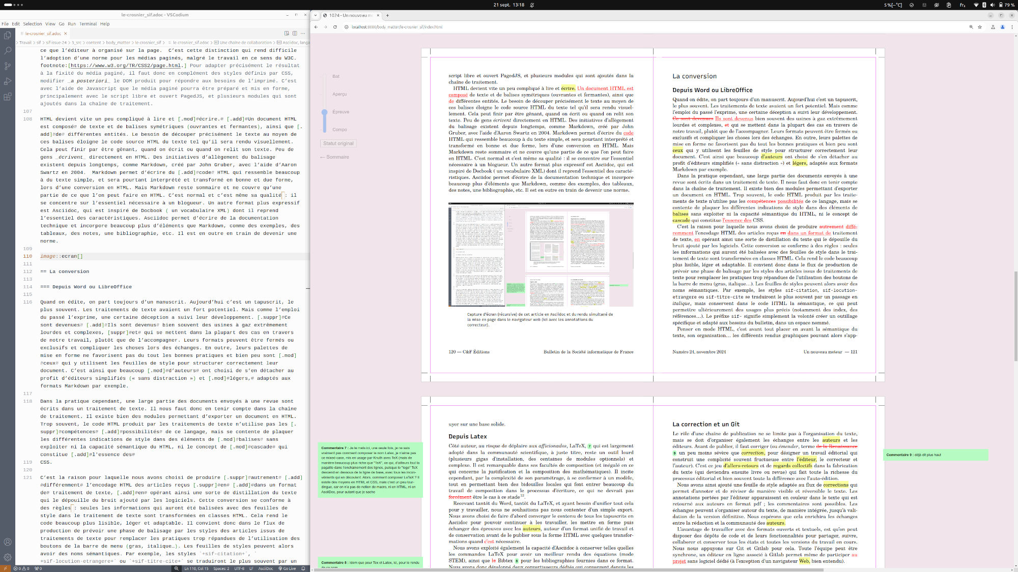 Figure 6 : Capture d’écran d’un environnement d’édition basé sur le langage de balisage léger AsciiDoc, une page en web to print, et un système de commentaires de la prévisualisation paginée (source : Nicolas Taffin, https://doi.org/10.48556/SIF.1024.24.59)