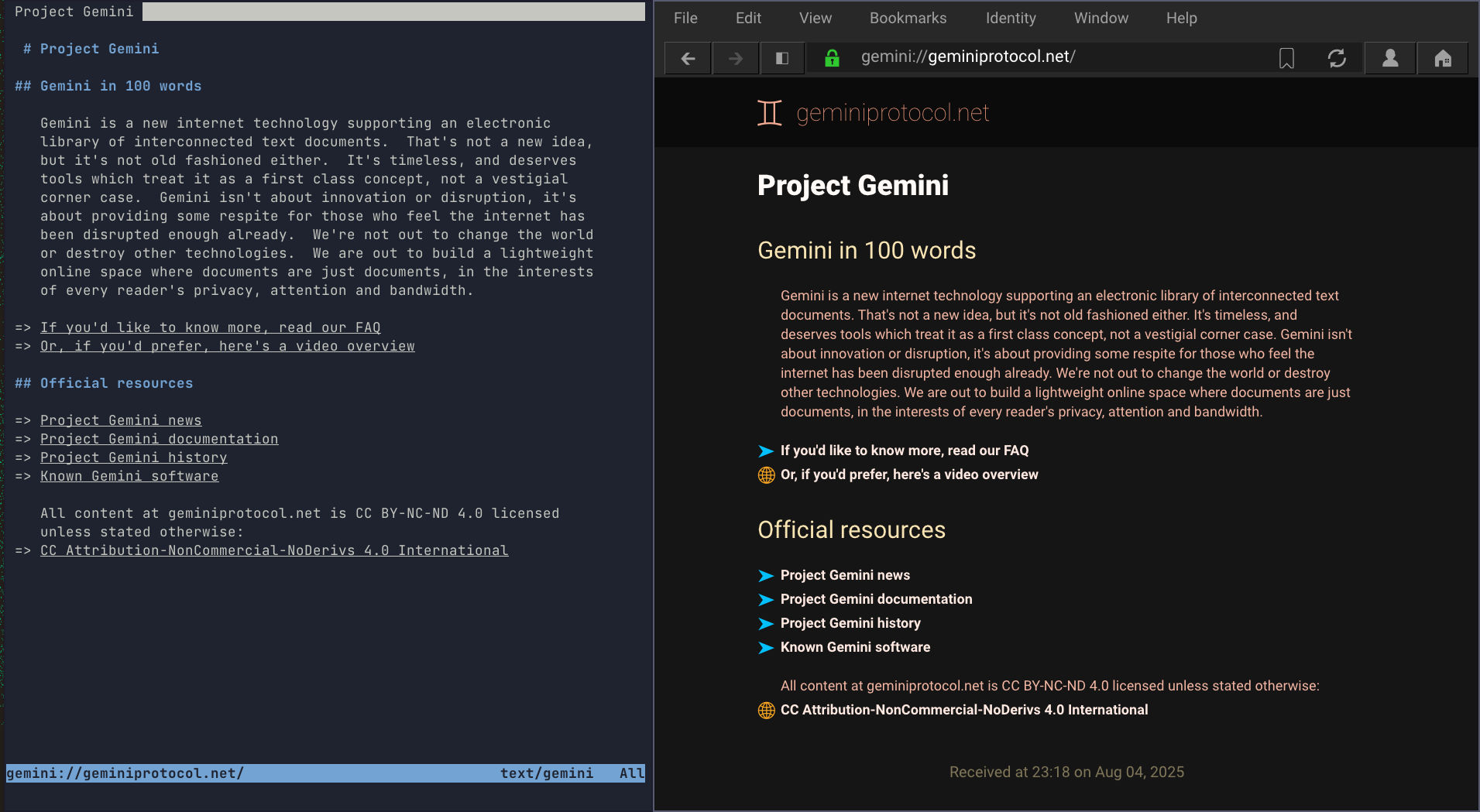 Figure 2 : Capture d’écran d’une même page Gemini (gemini://geminiprotocol.net/) affichée avec deux navigateurs/clients Gemini différents (Astronaut et Lagrange)