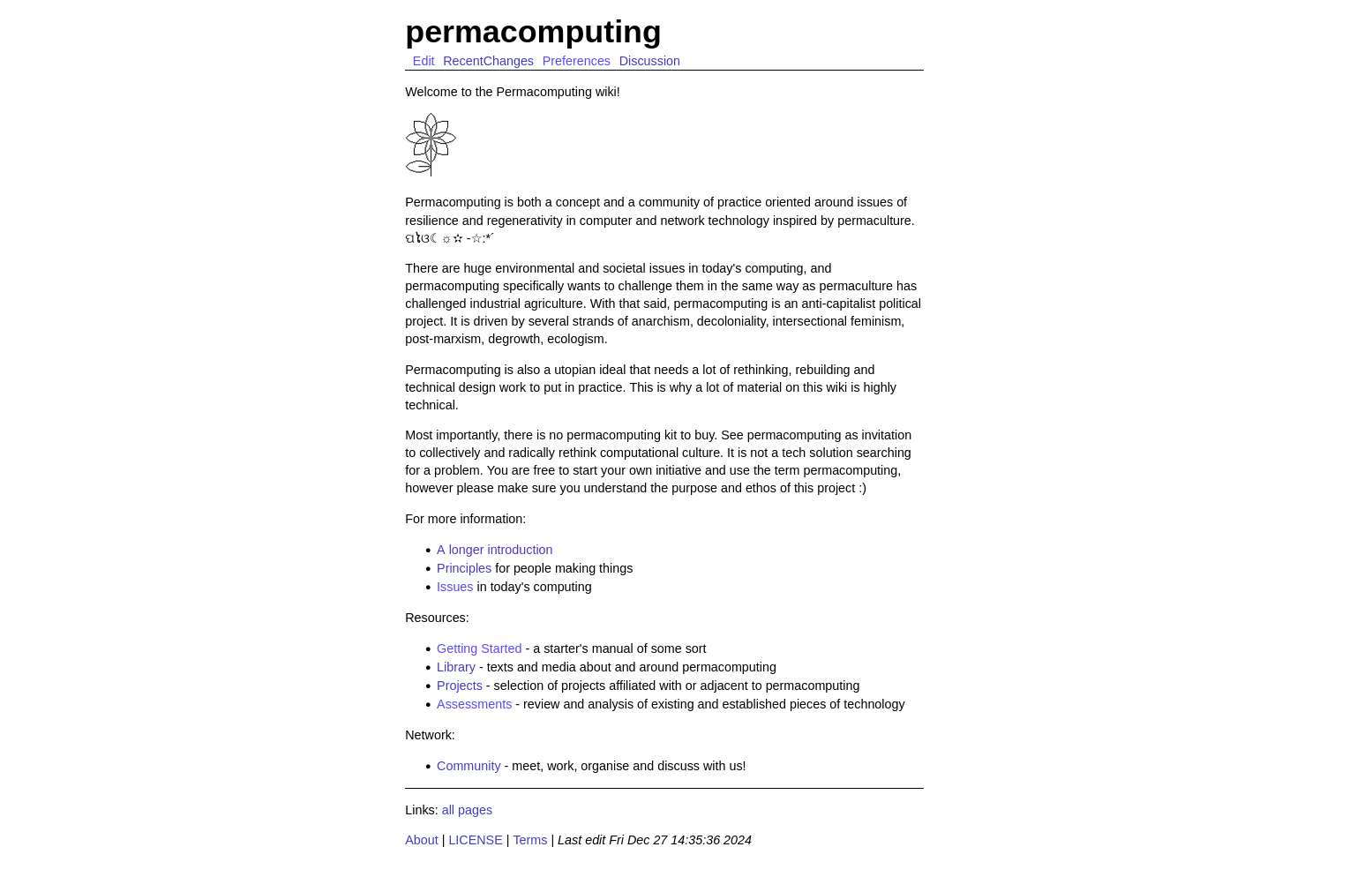 Figure 1 : Capture d’écran du wiki de la communauté permacomputing (https://permacomputing.net) (27 décembre 2024)