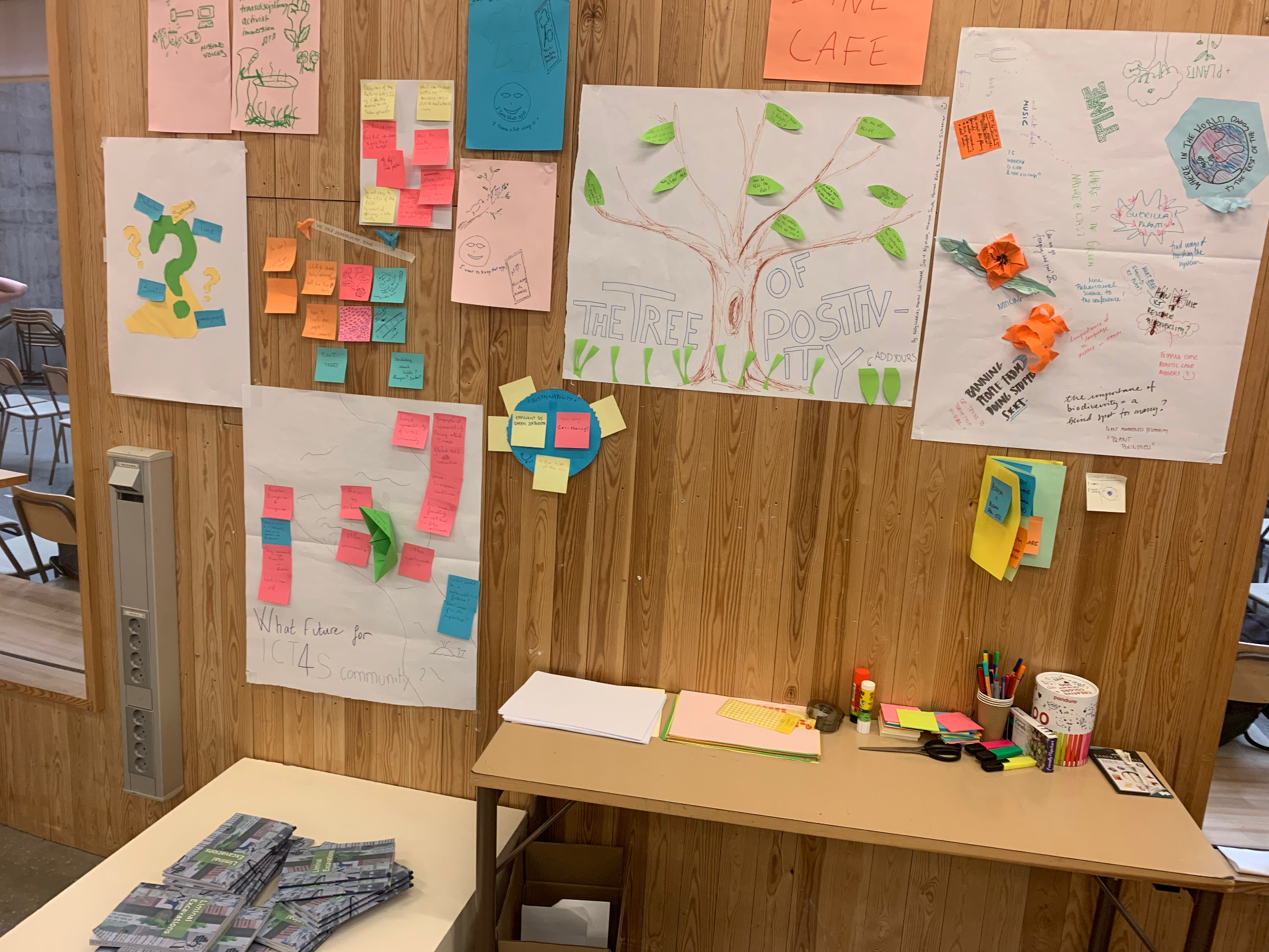 Zines, paper, pens, and sticky notes are on tables. On the wall are drawings and notes. One is labelled “The Tree of Positivity,” with leaf-shaped notes on the branches. Others contain text such as: “What future for ICT4S community?” “transdisciplinary activist immersion,” “missing voices,” and “banning people from doing stupid s**t.”