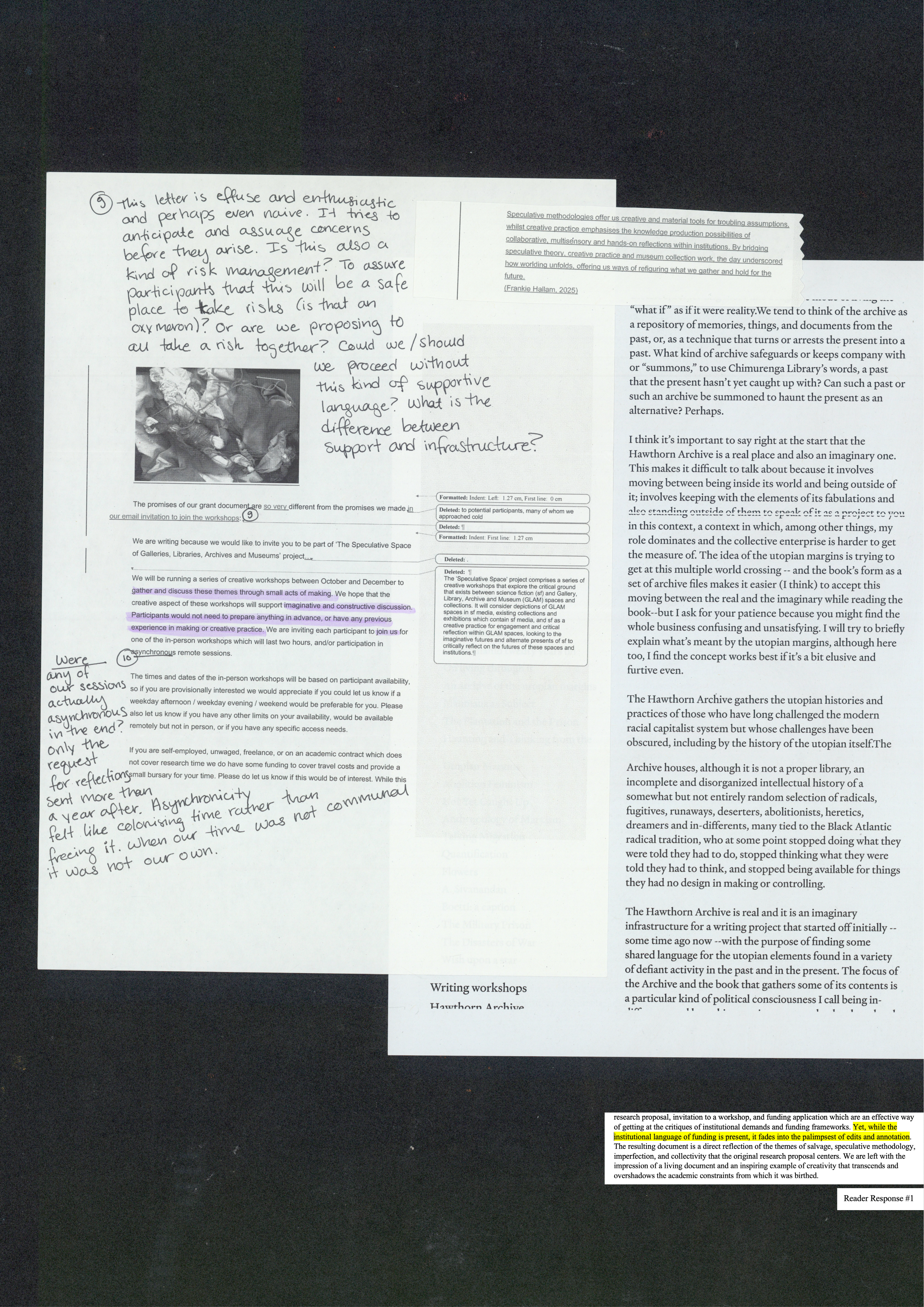 The A4 page of the article is partially overlaid onto another page. The title “Writing Workshops, Hawthorn Archive” is partially visible at the bottom, cut off by the edge of a photocopier which has also left white lines across the text. Where the page is hidden by the A4 of the article the shadow of a margin image can be seen through the paper.<br>Image: White, pink, and peach fabric scraps are bundled together, bound by green, mustard, and neon pink wool which winds tightly around or threads through in running stich with needles still attached at the ends. There are sprigs of lavender and cloth leaves in autumnal tones wound into the bundles, and they all appear flattened, pressed up against the glass of a photocopier, their winding flow momentarily pinned in place.
