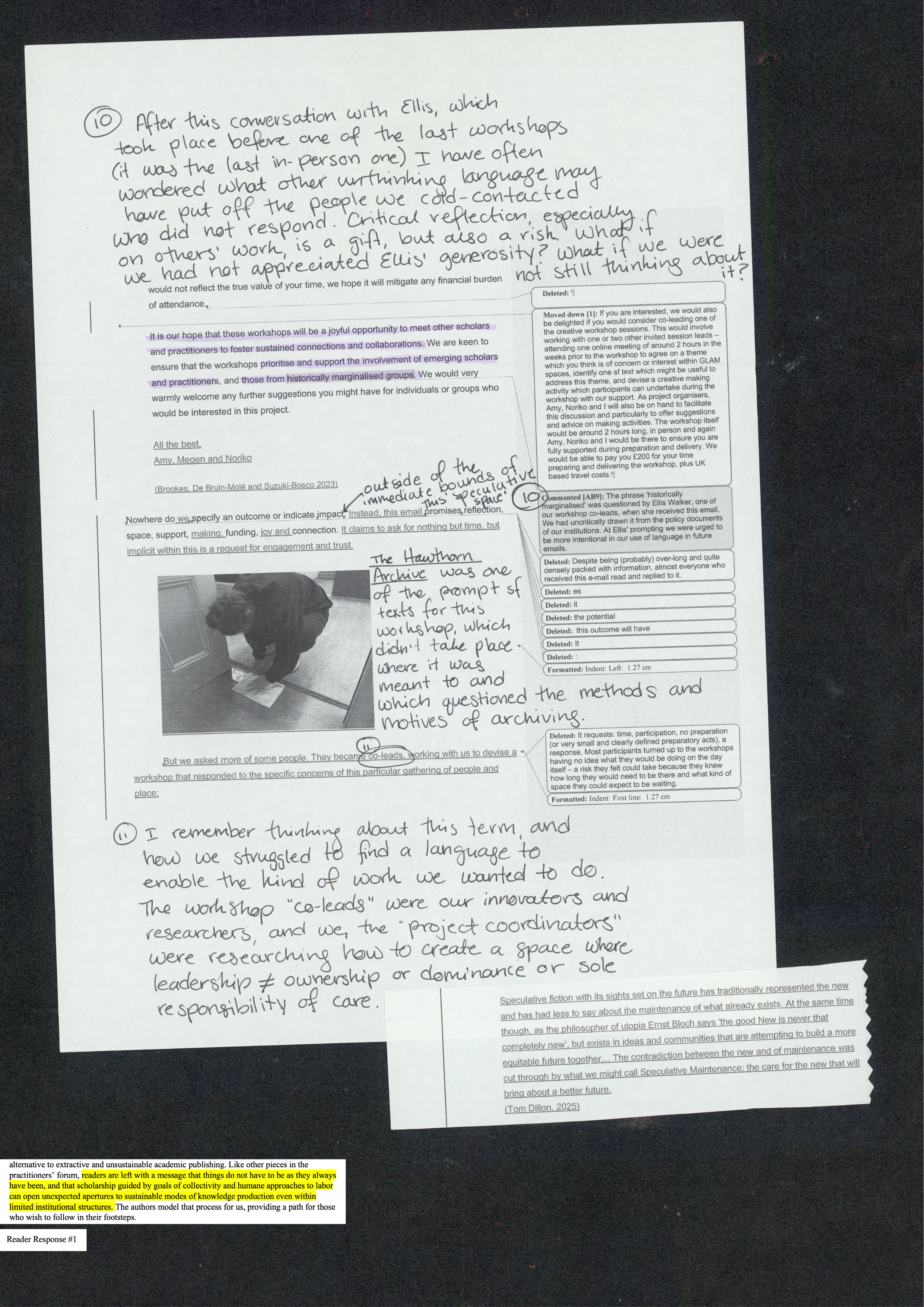 A scrap of typed paper hangs off the bottom corner of the A4 page, like an afterthought or a comment said just before leaving the room.<br> Image: A person crouches in a doorway, curled over on themselves so that they can look at the paper they hold to the floor. One hand holds a pencil which they are using to create a rubbing of the brass door stop embedded in the floor, while the other is splayed out to hold the paper in place with a spare pencil curled into their palm.
