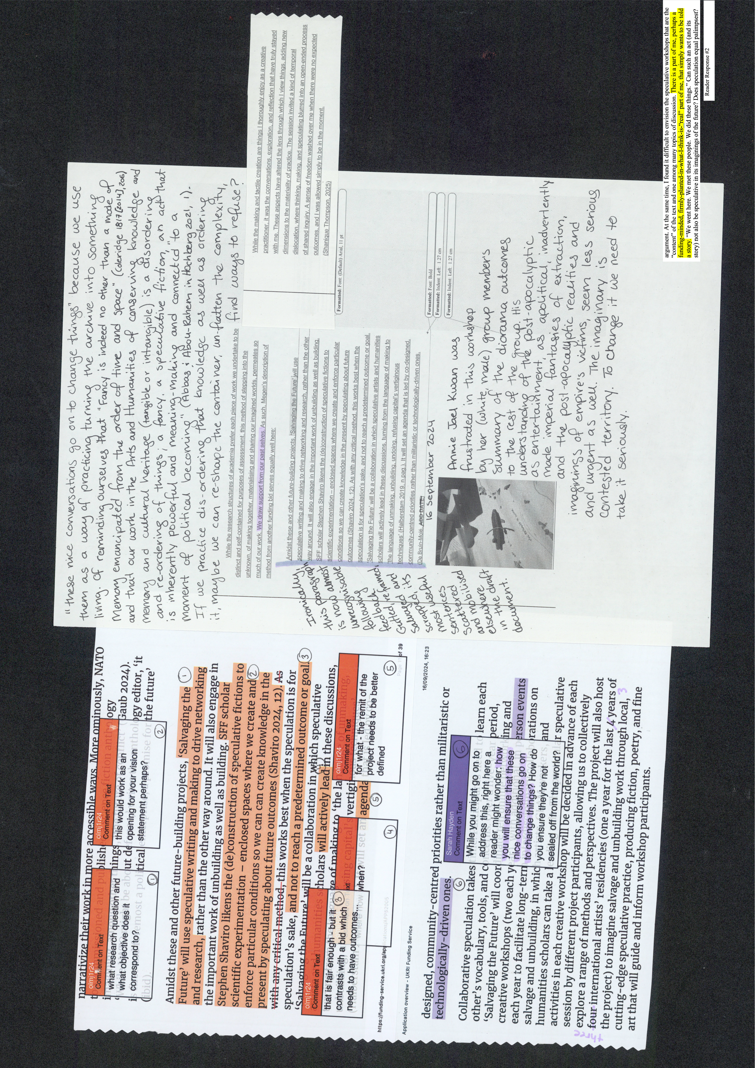 Another text sits alongside the A4 article page, a pint out from a UKRI funding bid for the project “Salvaging the Future” whose text is barely legible behind the comments in text boxes that proliferate across its surface like pop-up adverts.<br>Image: Bright sunlight casts across a sheet of sugar paper, picking up the edges of dried leaf fragments crumbled across its surface. Pale peach plasticine has been used to shape a small boat with a twig as oars, which sits on the ocean of the paper, adrift on blue swirls drawn onto the surface, the flotsam of the leaves, and a handwritten note saying “all returns to water.”