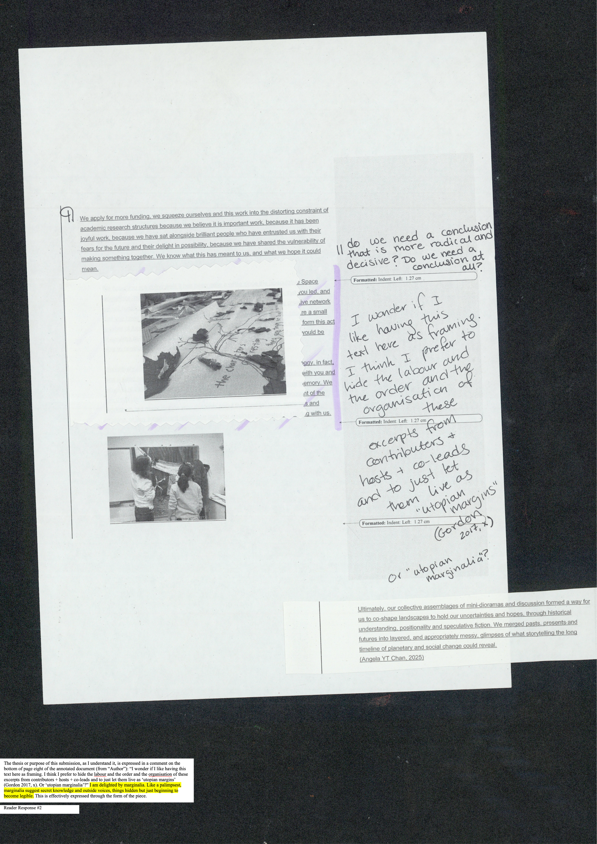 There are fewer annotations on this page, and so the handwritten notes are free to expand and take up space, to spread across the margin.<br>Image top: A large sheet of paper with curled up edges has a tree drawn onto it in muted green felt pen. The leave of the tree are bits of real dried leaves, each with a small curl of yellow plasticine nestling in the brittle brown fragments. Text written across the page reads “the characters are resting…” Image bottom: Three people stand facing a large black and white image on a wall next to a whiteboard. They are holding up a swag of fabric to fix it in place, from which hangs red cloth leaves, tan calico threaded through with lines of stitching, and a bundle of cloth bound with green wool around a sprig of lavender to echo the form of a figure.