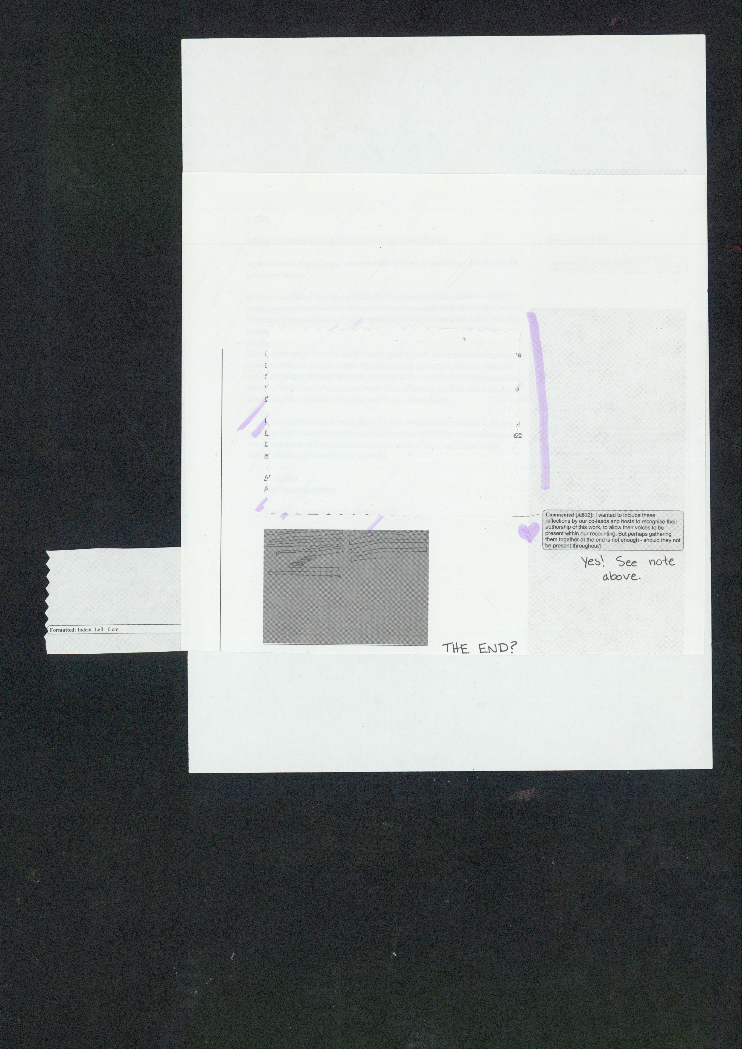 The A4 page is almost empty. Some text has been highlighted and covered over, and one small scrap of text overhangs the edge which reads “formatted: Indent.” One track changes comment remains in the margin under which has been written “Yes! See note above.” In the same handwriting is written “The End?”<br>Image: An orange sheet of paper onto which someone has drawn two serpentine lines, weaving back and forth across the page. The line varies from straight to undulating waves, and is punctuated by spirals which break downwards or dots which speak to a rhythm of making or marking.